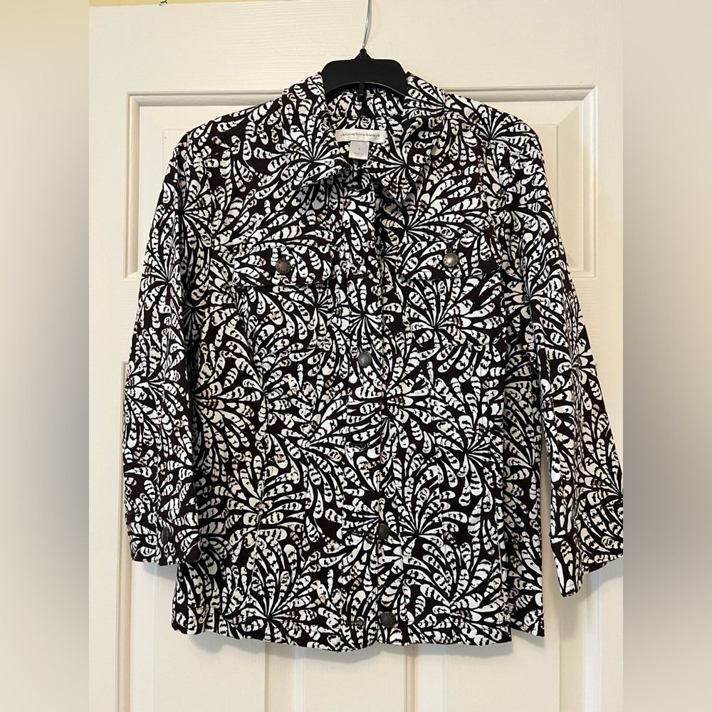 Christopher & Banks Brown and White Leaf Print Button Down Jean Jacket Small